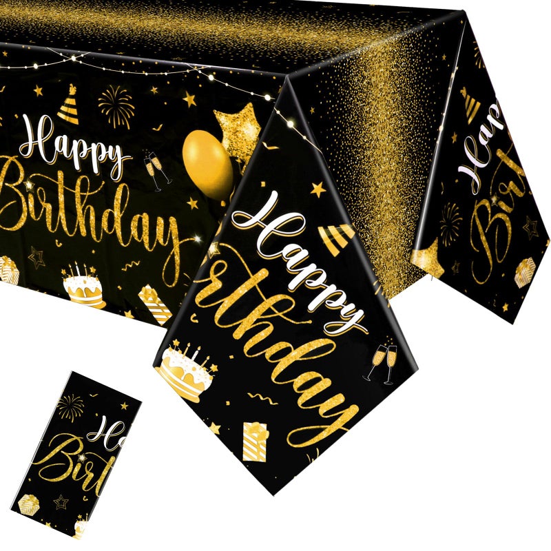 Tudomro 3 Pcs Happy Birthday Tablecloths Happy Birthday Party Decorations Plastic Table Cover Rectangular Cloths for Women Men Baby Shower Party Supplies 108 x 54 Inch Black Gold - Image 2