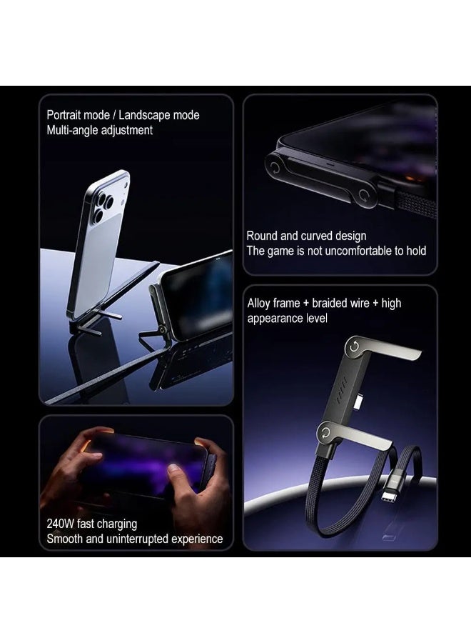 FDTY 1Pcs 240W USB-C to USB-C Braided Cable, 4.9FT 90° Right Angle T-Shaped Fast Charging Cord with Foldable Built-in Phone Stand, Durable Multi-Functional Charger Cable (Black) - Image 4