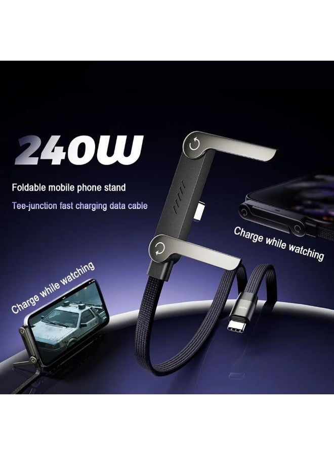 FDTY 1Pcs 240W USB-C to USB-C Braided Cable, 4.9FT 90° Right Angle T-Shaped Fast Charging Cord with Foldable Built-in Phone Stand, Durable Multi-Functional Charger Cable (Black) - Image 1