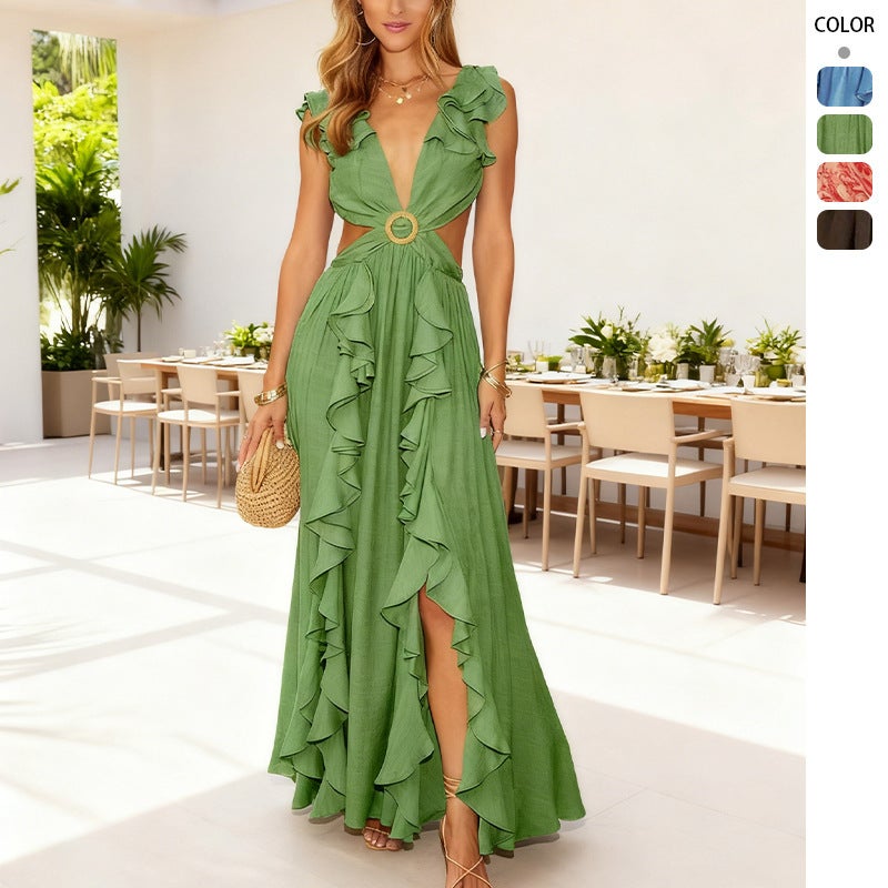 Clothing 2026 Spring New Elegant Printed Deep V Waist-Revealing Cut Out Dress - Image 2