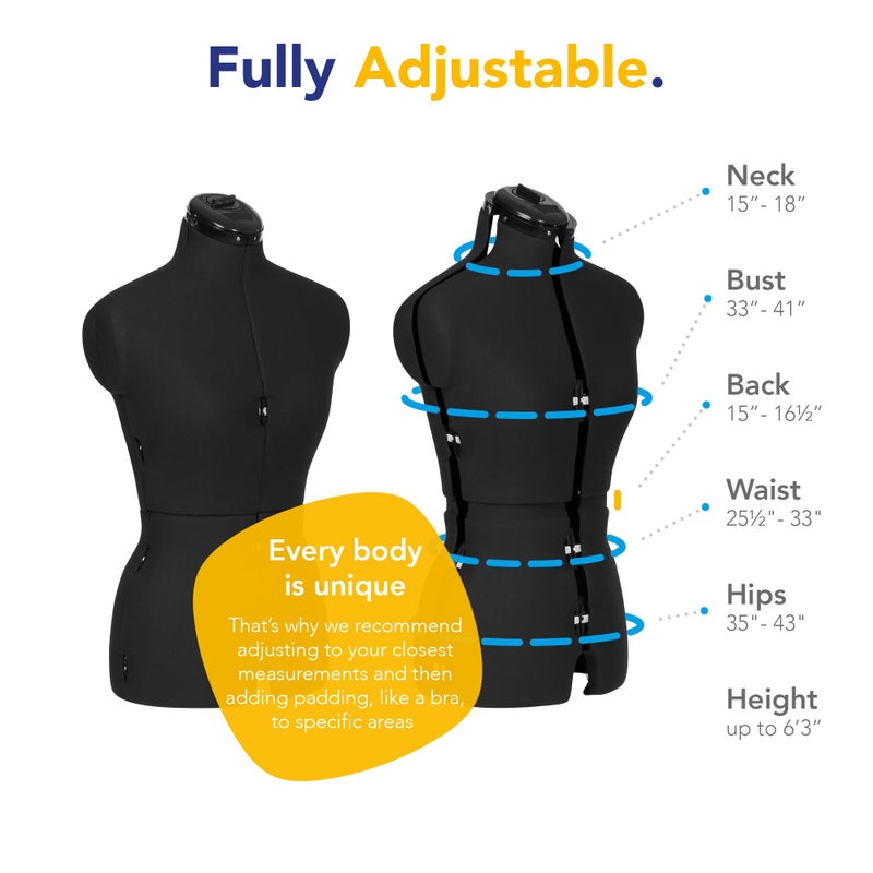 Adjustoform Sew Simple FG306 Adjustable Dress Form Black S-M (US Dress Size 4-12) 8 Part Female Sewing Mannequin + Pin Grip Hem Marker - Image 2