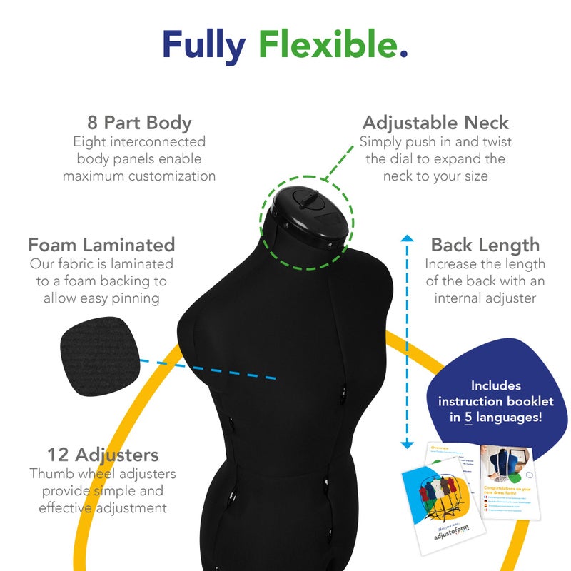 Adjustoform Sew Simple FG306 Adjustable Dress Form Black S-M (US Dress Size 4-12) 8 Part Female Sewing Mannequin + Pin Grip Hem Marker - Image 3