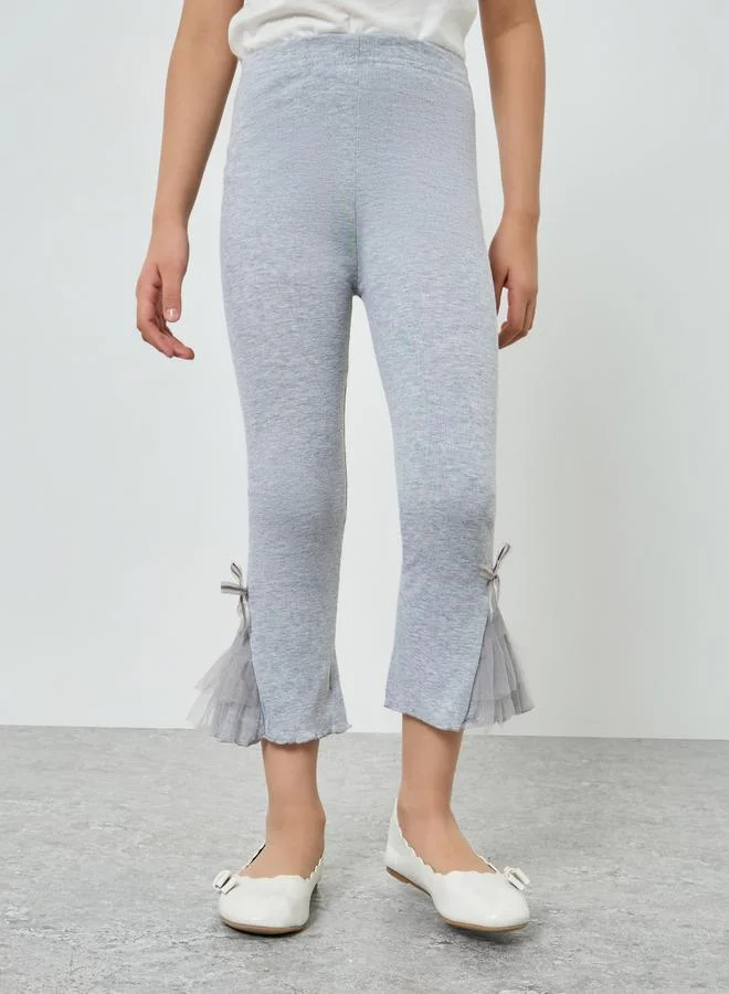 Styli Girls Grey Cotton Knit Leggings with Mesh Detail