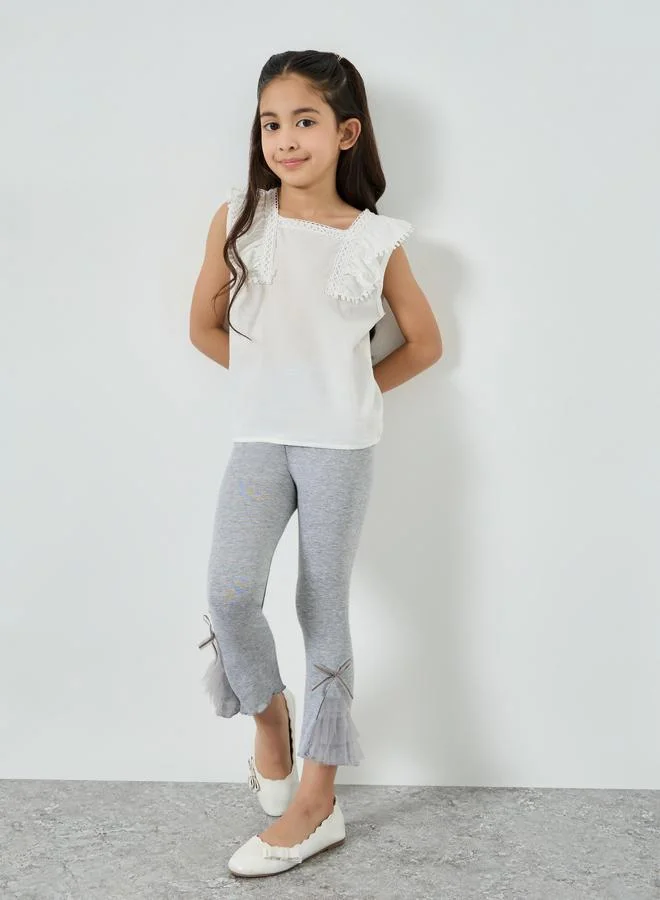 Styli Girls Grey Cotton Knit Leggings with Mesh Detail