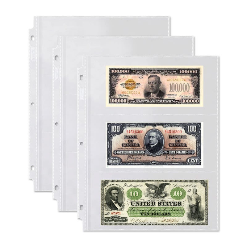 Dunwell Binder Currency Sleeves for Collectors - (25 Pack), Acid-Free 3-Pocket Clear Plastic Refill Pages for Currency Collection Album, 3-Ring Binder Sheet Protectors for Bills, Banknotes or Coupons - Image 1
