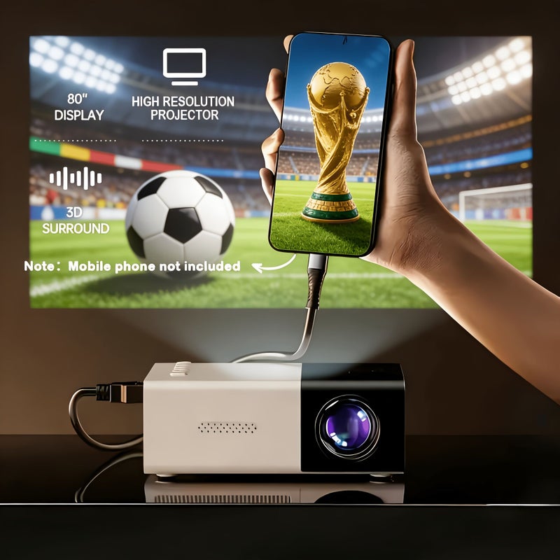 جهاز عرض LED محمول أسود مدمج مع دعم 1080 بكسل، مكبرات صوت مدمجة، USB، وصورة داخل الصورة، تصميم خفيف الوزن، متوافق مع الهواتف الذكية - Image 1