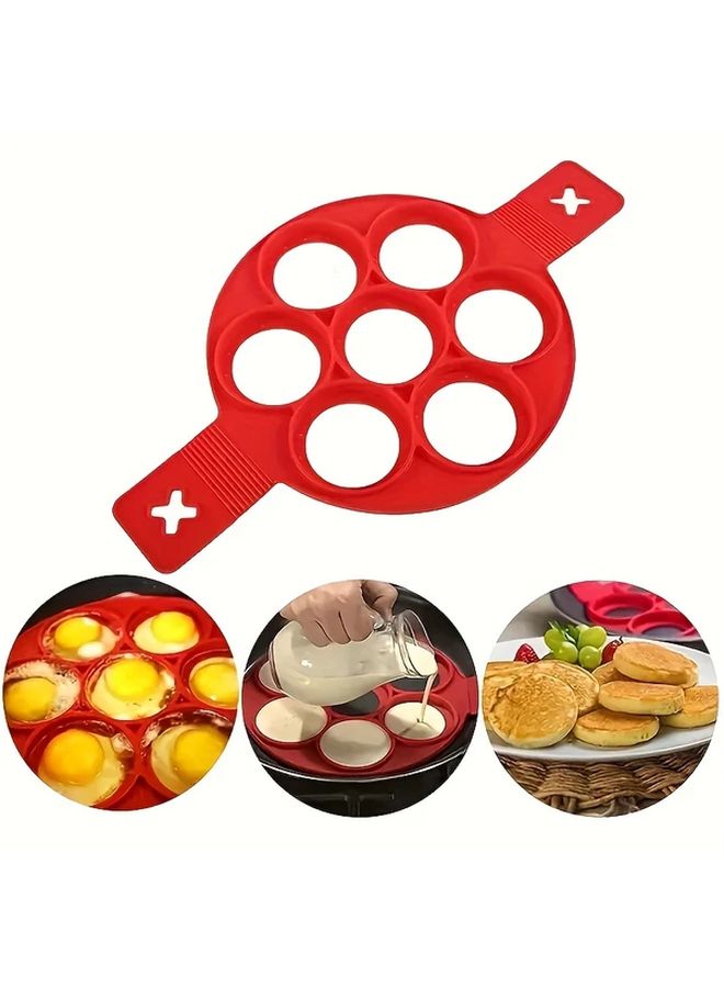 Red 7 Hole Silicone Egg Poacher Heat Resistant Round Non Stick Breakfast Cooker For Eggs Pancakes Gas Stove Kitchen Gadget Durable Cooking Accessory - Image 3