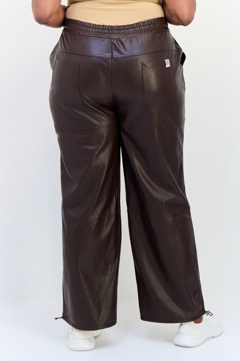 The Giving Movement Women Regular Fit Wide Leg Solid Leather Jogger Pants, Dark Brown - Image 3