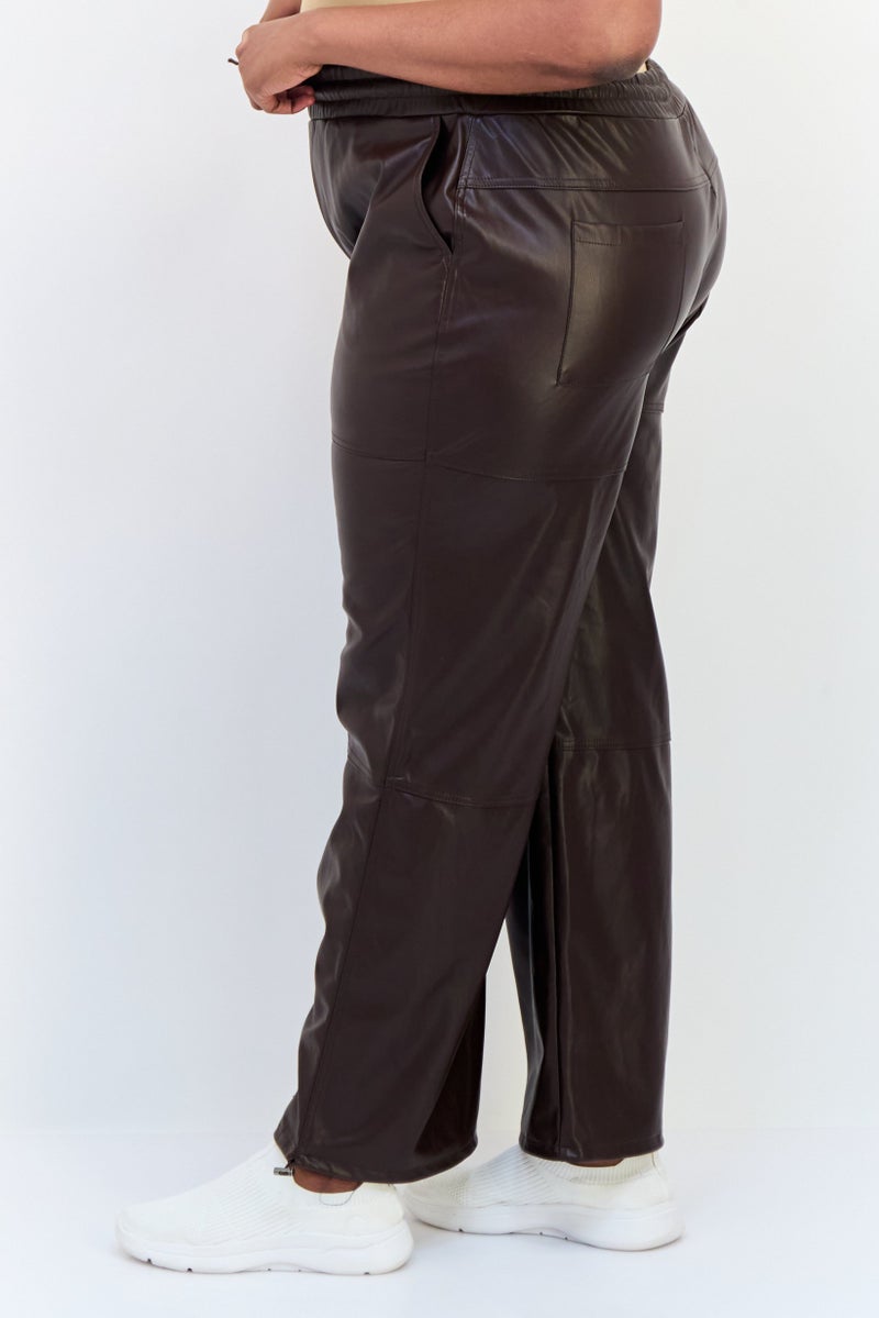The Giving Movement Women Regular Fit Wide Leg Solid Leather Jogger Pants, Dark Brown - Image 2