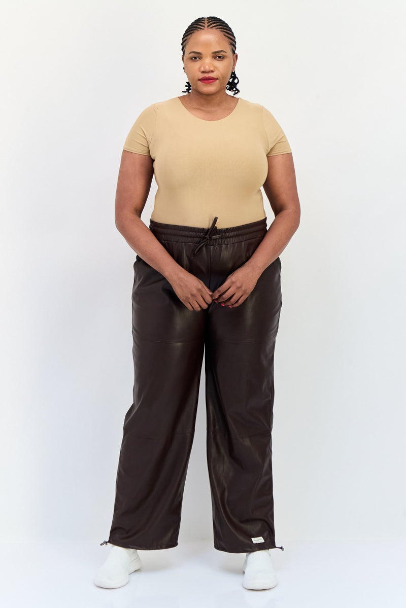 The Giving Movement Women Regular Fit Wide Leg Solid Leather Jogger Pants, Dark Brown - Image 4