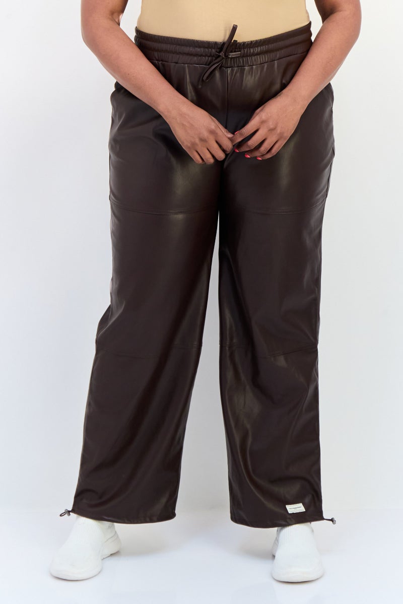 The Giving Movement Women Regular Fit Wide Leg Solid Leather Jogger Pants, Dark Brown - Image 1