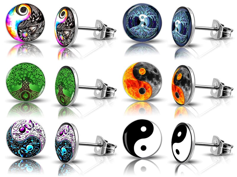 SIISPRI 6Pairs YinYang Mens Earrings Set Hypoallergenic Surgical Stainless Steel Round Circle Button Stud Post Earrings 10MM silver