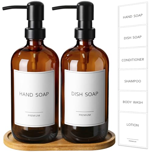 GMISUN Amber Glass Soap Dispenser 2 Pack Bathroom Hand Soap Dispensers with Bamboo Tray 17 Fl Oz Kitchen Hand and Dish Soap Dispenser Set Modern Vintage Liquid Brown Soap Dispensers Bottle - Image 1