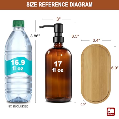 GMISUN Amber Glass Soap Dispenser 2 Pack Bathroom Hand Soap Dispensers with Bamboo Tray 17 Fl Oz Kitchen Hand and Dish Soap Dispenser Set Modern Vintage Liquid Brown Soap Dispensers Bottle - Image 3