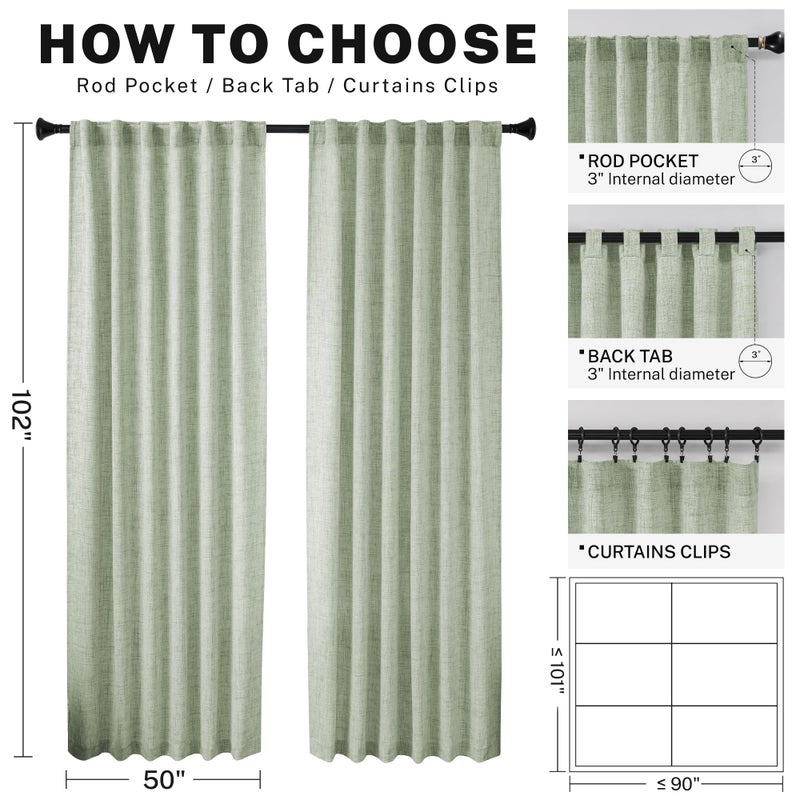 MEETBILY Sage Green 102 Inch Curtains Linen Blend Neutral Drapes for Living Room 2 Panels Semi Sheer Privacy Protection Light weight Green Decorative Drapery for Hallway Classroom  50x102 Long In Length - Image 3