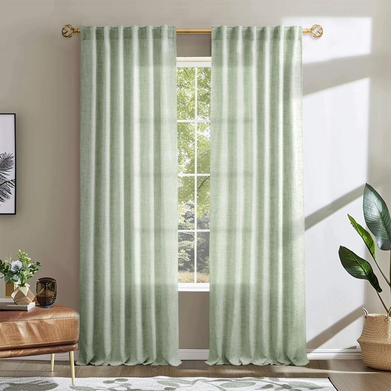 MEETBILY Sage Green 102 Inch Curtains Linen Blend Neutral Drapes for Living Room 2 Panels Semi Sheer Privacy Protection Light weight Green Decorative Drapery for Hallway Classroom  50x102 Long In Length - Image 1