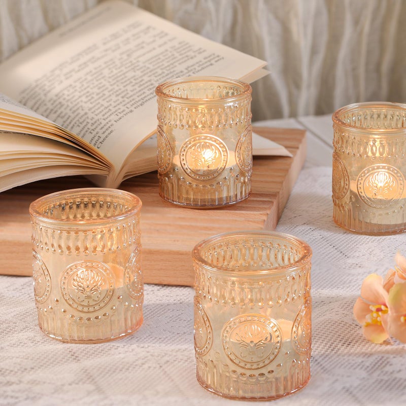 MATAHUM 12 Pcs Gold Votive Candle Holders, Glass Candle Holders Embossed Tea Light Candle Holder for Wedding Table Centerpiece, Home Decor, Birdal Shower, Party - Image 4