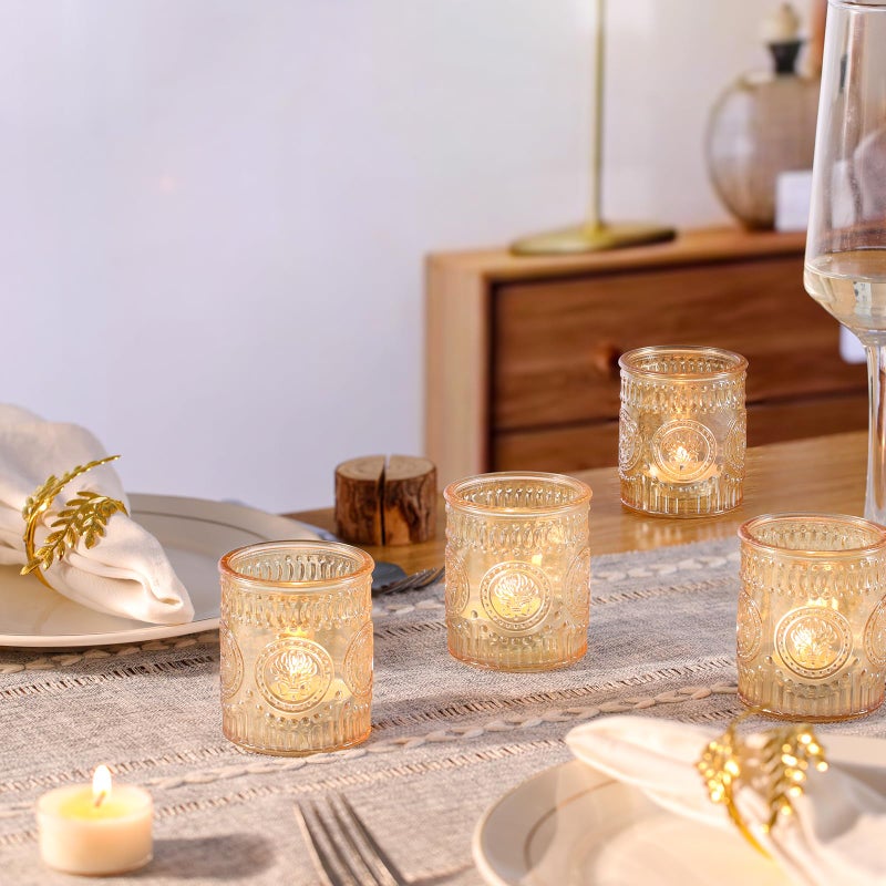 MATAHUM 12 Pcs Gold Votive Candle Holders, Glass Candle Holders Embossed Tea Light Candle Holder for Wedding Table Centerpiece, Home Decor, Birdal Shower, Party - Image 3