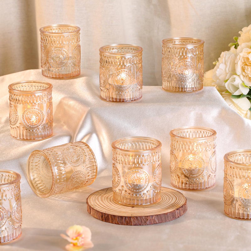 MATAHUM 12 Pcs Gold Votive Candle Holders, Glass Candle Holders Embossed Tea Light Candle Holder for Wedding Table Centerpiece, Home Decor, Birdal Shower, Party - Image 1