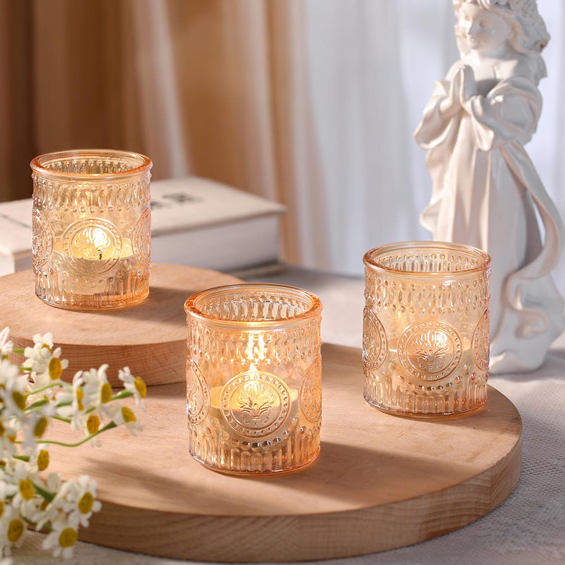 MATAHUM 12 Pcs Gold Votive Candle Holders, Glass Candle Holders Embossed Tea Light Candle Holder for Wedding Table Centerpiece, Home Decor, Birdal Shower, Party - Image 5