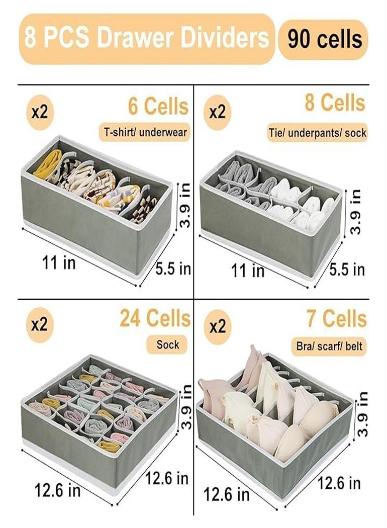 8 Pack Closet Drawer Organizer Bins, Foldable Underwear Drawer Organizer Boxes, 90 Cells Fabric Drawer Dividers Storage Box for Socks, Ties, Bras, Baby Clothes, Nursery  - Image 3