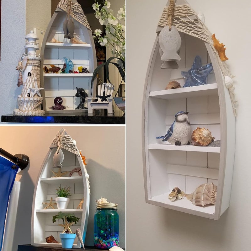 E-view Wooden Sailboat Shelf Small Nautical Sail Boat Decor Coastal Beach Themed Ornaments for Home Bathroom Room Bedroom (C) - Image 2