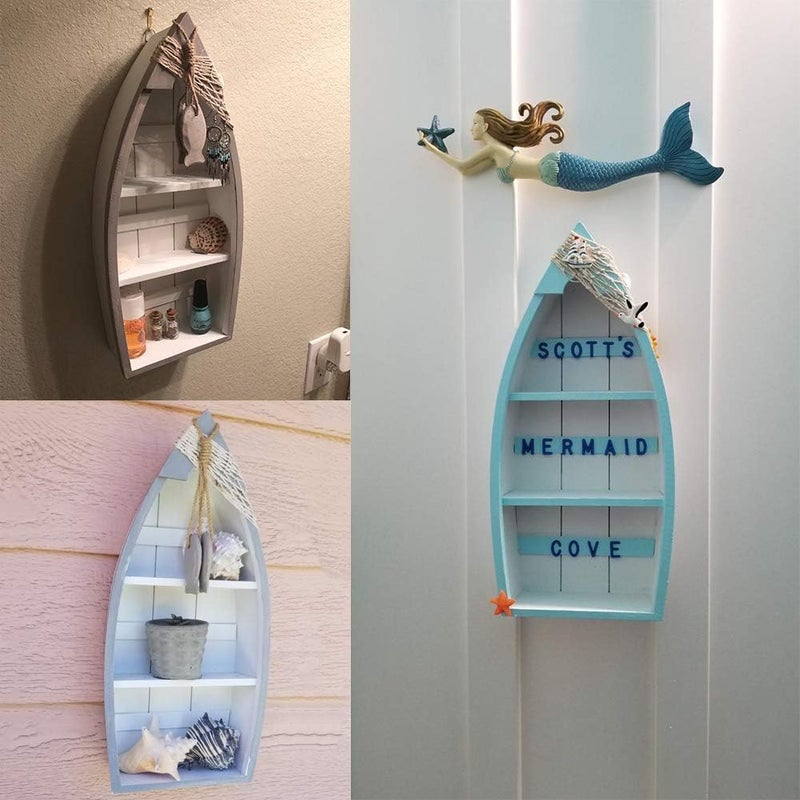 E-view Wooden Sailboat Shelf Small Nautical Sail Boat Decor Coastal Beach Themed Ornaments for Home Bathroom Room Bedroom (C) - Image 3