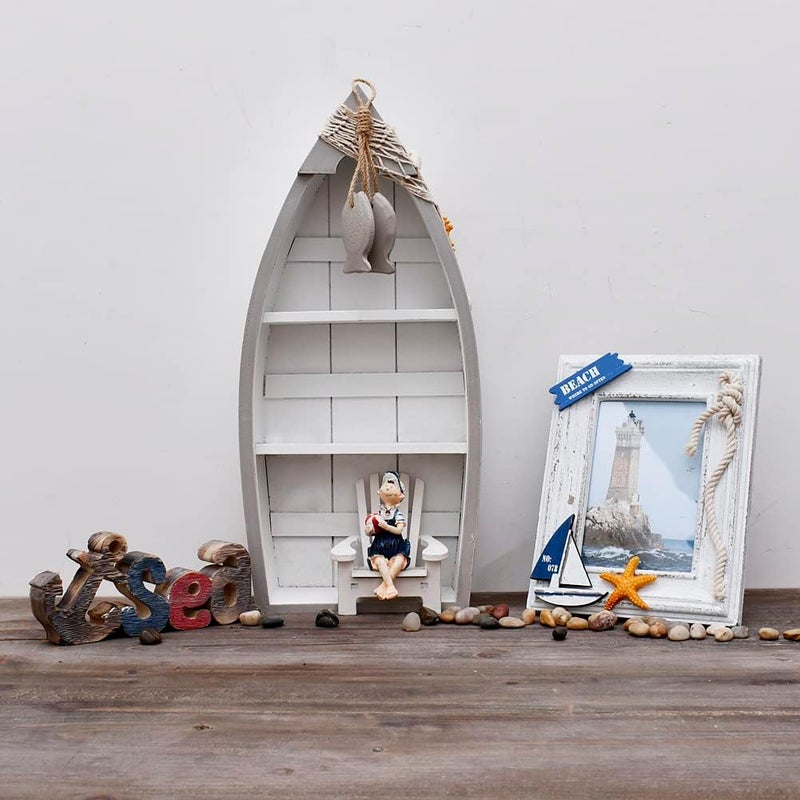 E-view Wooden Sailboat Shelf Small Nautical Sail Boat Decor Coastal Beach Themed Ornaments for Home Bathroom Room Bedroom (C) - Image 1