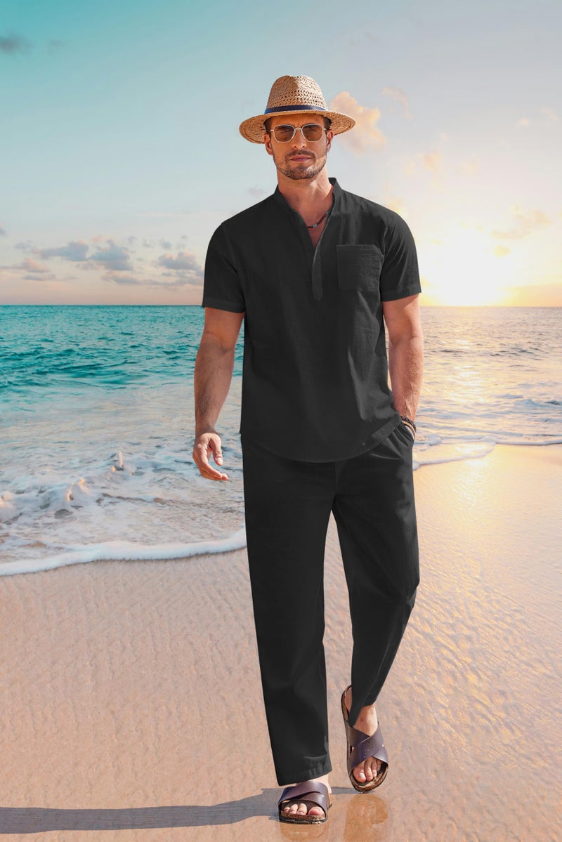 COOFANDY Men's Cotton Linen Sets 2 Piece Casual Navy Blue Henley Shirt Short Sleeve Beach pants with Pockets Outfits - Image 4