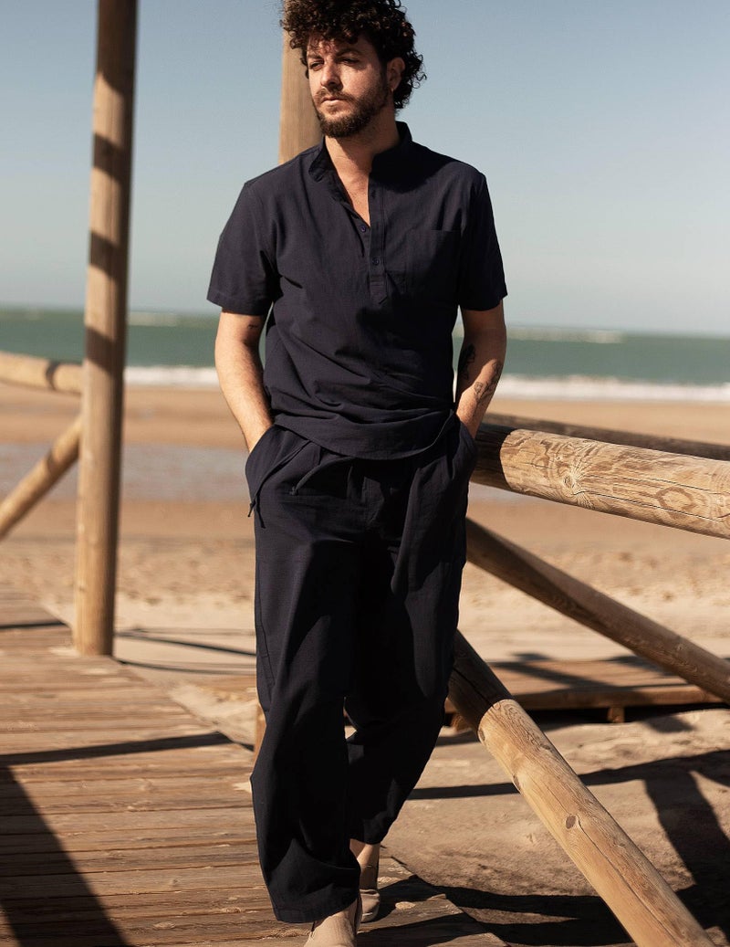 COOFANDY Men's Cotton Linen Sets 2 Piece Casual Navy Blue Henley Shirt Short Sleeve Beach pants with Pockets Outfits - Image 2