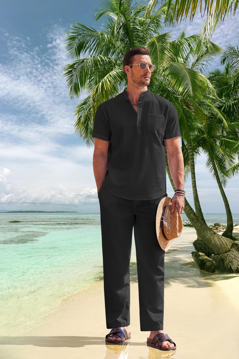 COOFANDY Men's Cotton Linen Sets 2 Piece Casual Navy Blue Henley Shirt Short Sleeve Beach pants with Pockets Outfits - Image 3
