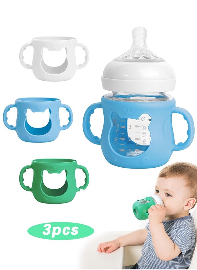 Sweet Life - 3 Pack Silicone Sleeves for Avent Natural Glass Baby Bottles, Anti Breakage Baby Bottle Sleeves with Handles, Compatible Philips Avent Glass Natural Baby Bottle 4 oz(White+Blue+Green) - Image 1