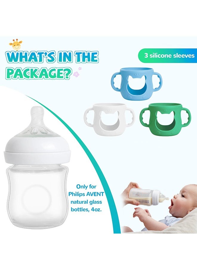 Sweet Life - 3 Pack Silicone Sleeves for Avent Natural Glass Baby Bottles, Anti Breakage Baby Bottle Sleeves with Handles, Compatible Philips Avent Glass Natural Baby Bottle 4 oz(White+Blue+Green) - Image 1