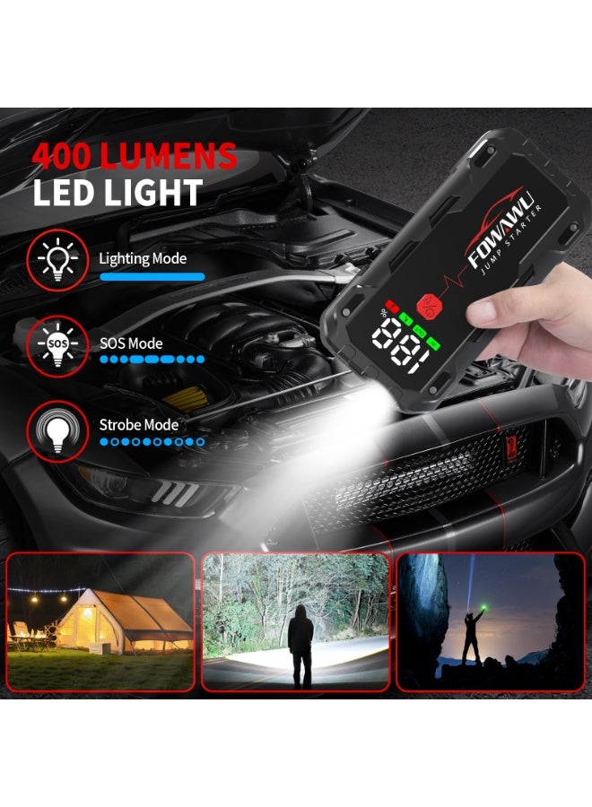 FOWAWU 22800mAh 4000A Peak Jump Starter for 12 V Vehicles (8 L Petrol / 6 L Diesel) and Moto, Car Battery Jump Starter Power Pack with Smart Jumper, 5 * 3.5 CM Large Screen and LED Torch - Image 4