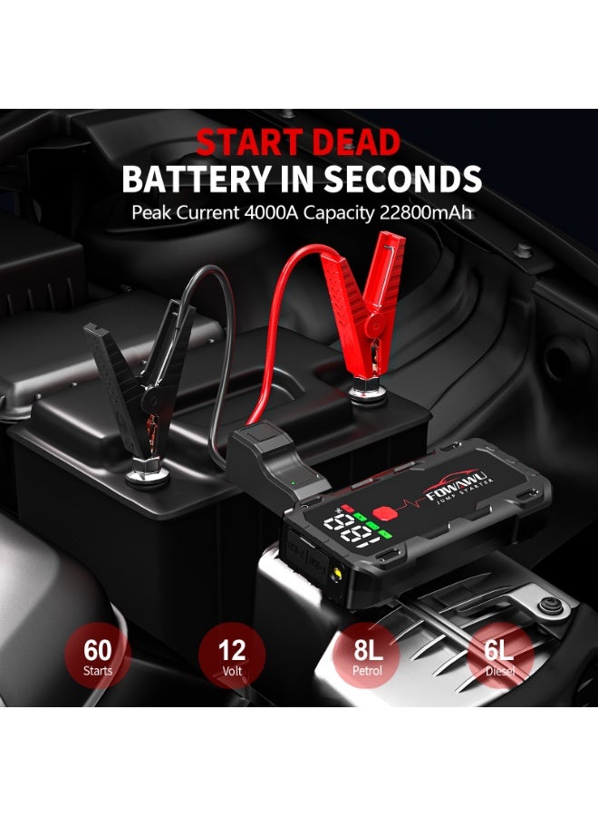 FOWAWU 22800mAh 4000A Peak Jump Starter for 12 V Vehicles (8 L Petrol / 6 L Diesel) and Moto, Car Battery Jump Starter Power Pack with Smart Jumper, 5 * 3.5 CM Large Screen and LED Torch - Image 2