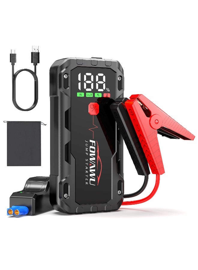 FOWAWU 22800mAh 4000A Peak Jump Starter for 12 V Vehicles (8 L Petrol / 6 L Diesel) and Moto, Car Battery Jump Starter Power Pack with Smart Jumper, 5 * 3.5 CM Large Screen and LED Torch - Image 1