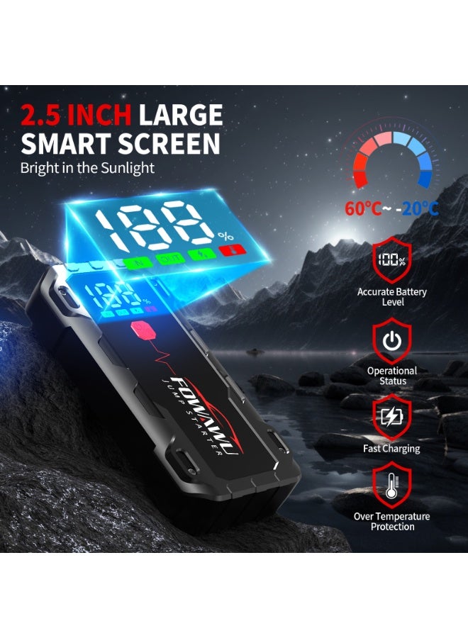 FOWAWU 22800mAh 4000A Peak Jump Starter for 12 V Vehicles (8 L Petrol / 6 L Diesel) and Moto, Car Battery Jump Starter Power Pack with Smart Jumper, 5 * 3.5 CM Large Screen and LED Torch - Image 3