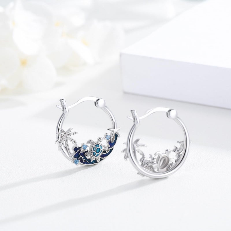 JUSTKIDSTOY Sea Turtle Earrings 925 Sterling Silver Ocean Hoop Earrings Wave Palm Tree Starfish Earrings Beach Themed Jewelry Turtle Gifts for Women - Image 3
