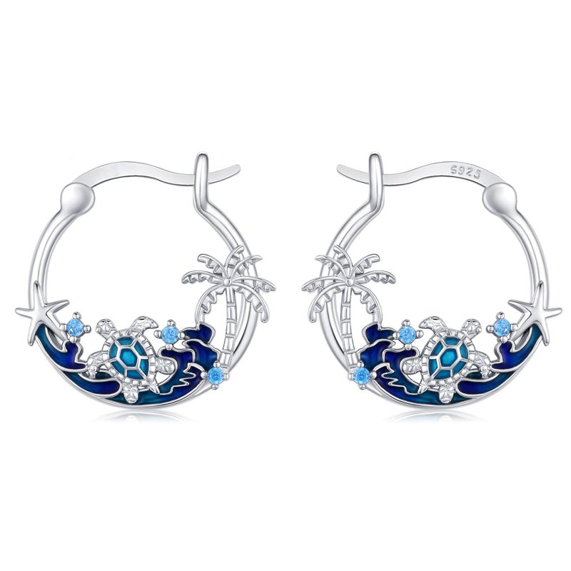 JUSTKIDSTOY Sea Turtle Earrings 925 Sterling Silver Ocean Hoop Earrings Wave Palm Tree Starfish Earrings Beach Themed Jewelry Turtle Gifts for Women - Image 1