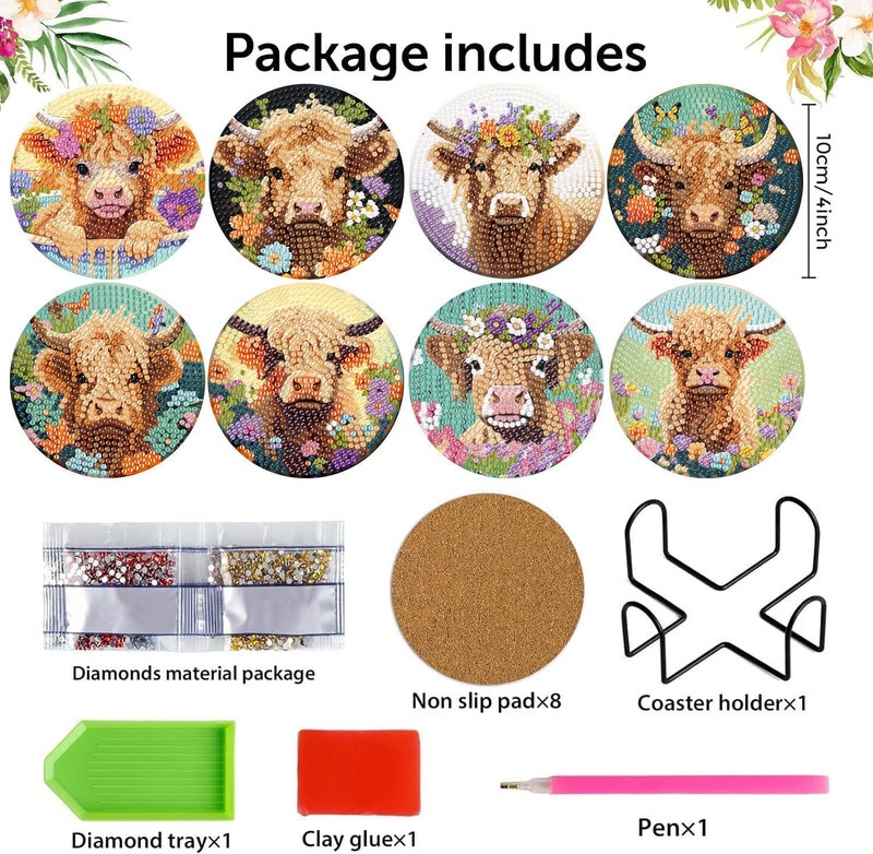 mrpwnle 8 Pack Diamond Art Coasters Kits - Highland Cow Diamond Painting Coasters Kit Set with Holder Cork Pads, DIY Cow Diamonds Art Non Slip Coaster Crafts Kits for Adults Beginners Gifts - Image 2