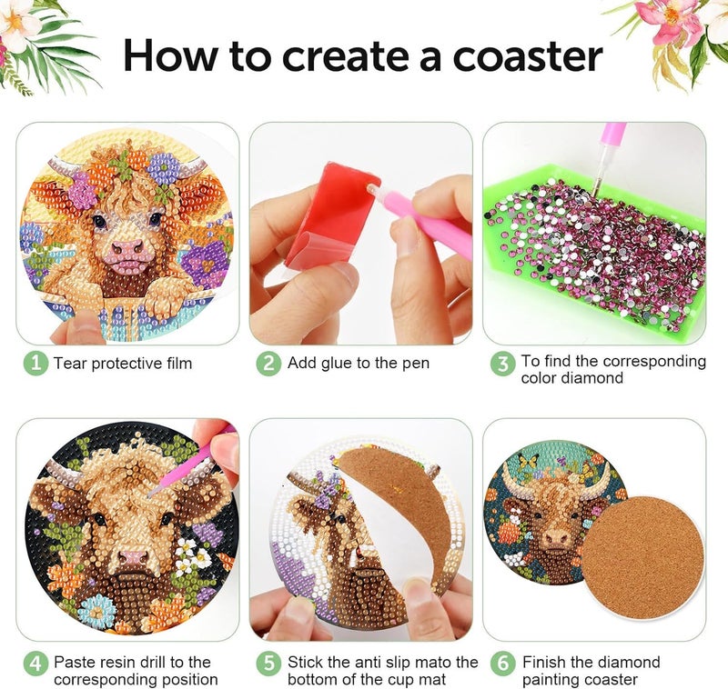 mrpwnle 8 Pack Diamond Art Coasters Kits - Highland Cow Diamond Painting Coasters Kit Set with Holder Cork Pads, DIY Cow Diamonds Art Non Slip Coaster Crafts Kits for Adults Beginners Gifts - Image 5