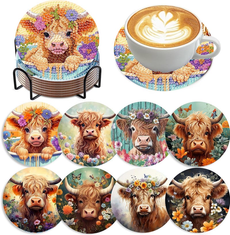 mrpwnle 8 Pack Diamond Art Coasters Kits - Highland Cow Diamond Painting Coasters Kit Set with Holder Cork Pads, DIY Cow Diamonds Art Non Slip Coaster Crafts Kits for Adults Beginners Gifts - Image 1