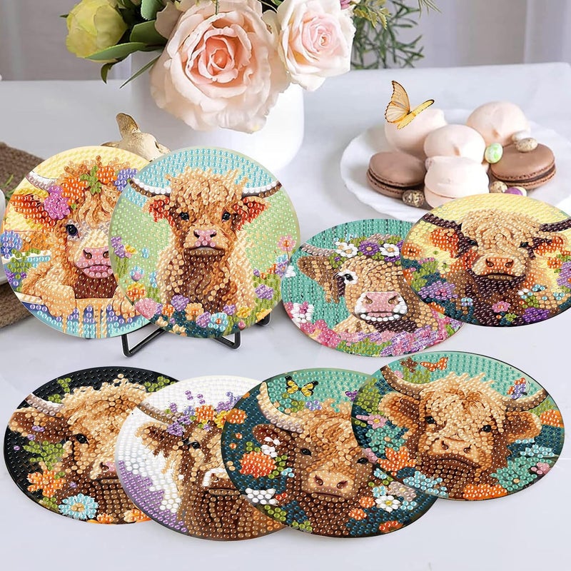 mrpwnle 8 Pack Diamond Art Coasters Kits - Highland Cow Diamond Painting Coasters Kit Set with Holder Cork Pads, DIY Cow Diamonds Art Non Slip Coaster Crafts Kits for Adults Beginners Gifts - Image 3