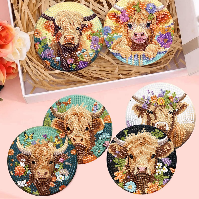 mrpwnle 8 Pack Diamond Art Coasters Kits - Highland Cow Diamond Painting Coasters Kit Set with Holder Cork Pads, DIY Cow Diamonds Art Non Slip Coaster Crafts Kits for Adults Beginners Gifts - Image 4
