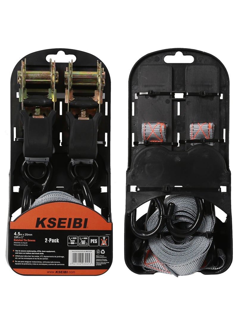 KSEIBI Ratchet Tie Down Set 2-Pc, 25mmx4.5m, Polyester Webbing, Zinc Plated, Safety Lock S-Hooks, Tie-Down Ratcheting Cargo Truck Straps for Truck, Trailers, Car Roof, Moving Cargo and Lawn Equipment.  - Image 5