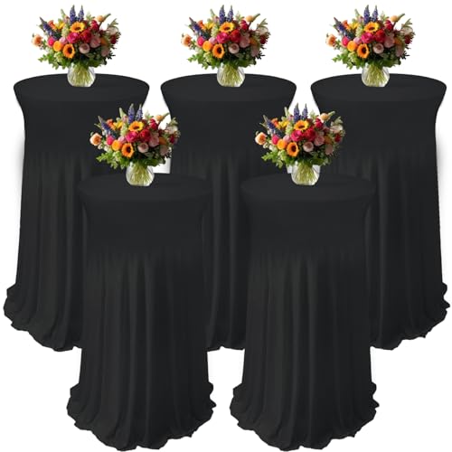 PWDAN 5 Pack Spandex Cocktail Table Covers, 32 x 43 Inch Black Round Cocktail Tablecloths with Skirt, Fitted Stretch High Top Bar Table Cloths for Wedding Party Banquet Pub - Image 1