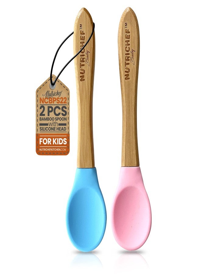 Nutrichef 2 Piece Baby & Toddler Spoon Set, All Natural Wooden Spoon Set w/Soft Curved Food Grade Silicone Head, Self-Feeding Utensils, BPA Free, Toddler & Child Tableware for ages 4 months- 6 years - Image 1