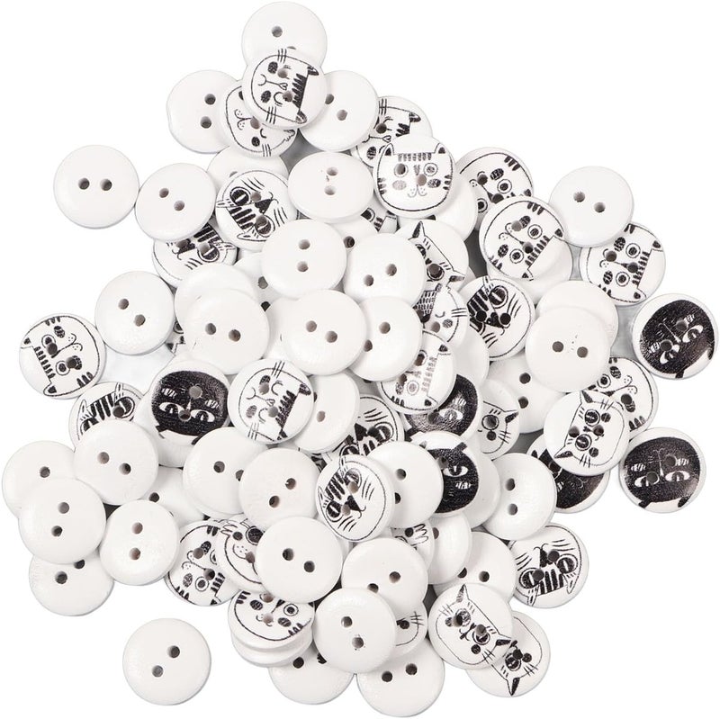 GLOGLOW Nan 500Pcs Round Knitting Buttons, Assorted Cartoon Wooden Buttons for Kids Crafts, 15mm Pearwood Cat Design Suitable for Cardigans and Bags Clothing Accessories and Peripherals (White - Image 1