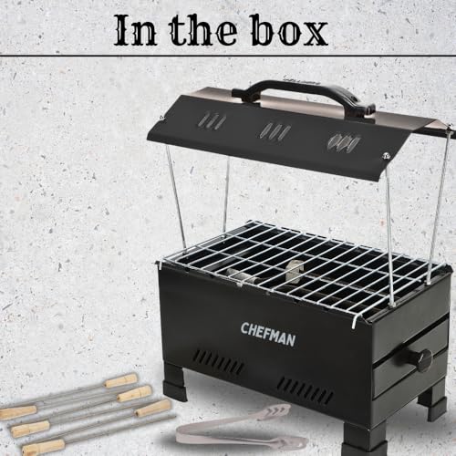 Chefman 2-in-1 Electric & Charcoal Barbecue Grill Set 1200W Stainless Steel Element 13Inch Size Includes Tong Skewers Portable Grill for Home Camping Barbecue Grill for Outdoor Cooking (BLACK) - Image 5