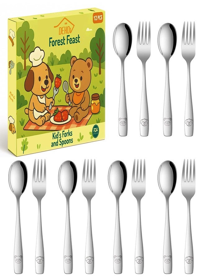 DEHOV Toddler Eating Utensils Set,Set Of 12 Food Grade Stainless Steel Silverware Sets For Kids,Dishwasher Safe Children Small Metal Spoons And Forks Flatware Sets - Image 1
